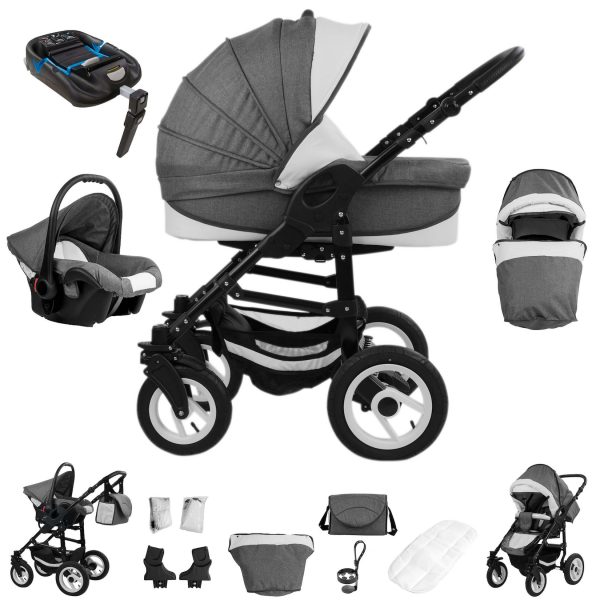 Bebebi Florenz   4 in 1 Kinderwagen Komplettset   ISOFIX Basis   Luftreifen   Farbe: Marco Darkgrey Black