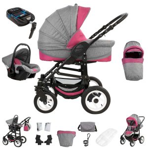 Bebebi Florenz   4 in 1 Kinderwagen Komplettset   ISOFIX Basis   Luftreifen   Farbe: Davanzati Pink Black