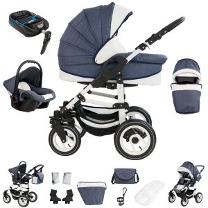 Bebebi Florenz   4 in 1 Kinderwagen Komplettset   ISOFIX Basis   Hartgummireifen   Farbe: Neptun Blue White