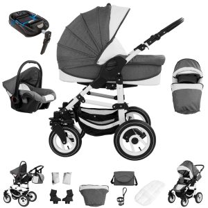 Bebebi Florenz   4 in 1 Kinderwagen Komplettset   ISOFIX Basis   Hartgummireifen   Farbe: Marco Darkgrey White