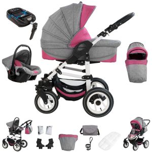 Bebebi Florenz   4 in 1 Kinderwagen Komplettset   ISOFIX Basis   Hartgummireifen   Farbe: Davanzati Pink White