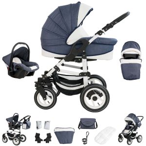 Bebebi Florenz   3 in 1 Kombi Kinderwagen Set   Hartgummireifen   Farbe: Neptun Blue White