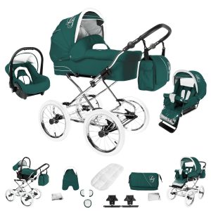 Bebebi Loving   3 in 1 Kombi Kinderwagen Set   Nostalgie Kinderwagen   Farbe: Green Tender