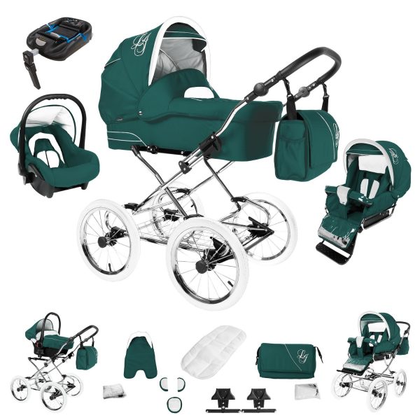 Bebebi Loving   4 in 1 Kinderwagen Komplettset   ISOFIX Basis   Nostalgie Kinderwagen   Farbe: Green Tender