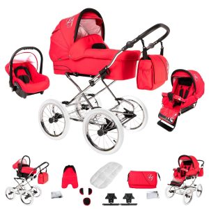 Bebebi Loving   3 in 1 Kombi Kinderwagen Set   Nostalgie Kinderwagen   Farbe: Red Tender Peak