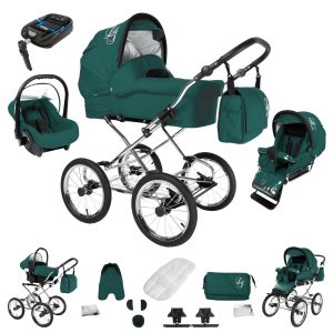 Bebebi Loving   4 in 1 Kinderwagen Komplettset   ISOFIX Basis   Nostalgie Kinderwagen   Farbe: Green Ardent Peak