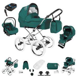 Bebebi Loving   4 in 1 Kinderwagen Komplettset   ISOFIX Basis   Nostalgie Kinderwagen   Farbe: Green Tender Peak