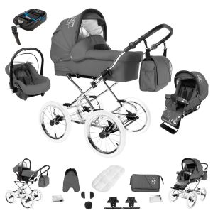 Bebebi Loving   4 in 1 Kinderwagen Komplettset   ISOFIX Basis   Nostalgie Kinderwagen   Farbe: Grey Tender Peak