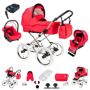 Bebebi Loving   4 in 1 Kinderwagen Komplettset   ISOFIX Basis   Nostalgie Kinderwagen   Farbe: Red Tender Peak